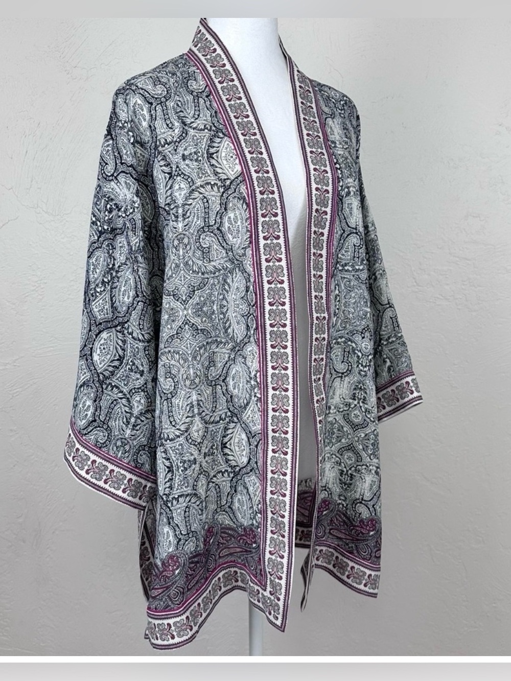 Max Studio Paisley Trim Open-Front Kimono